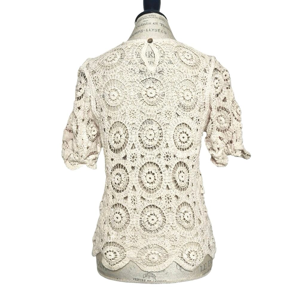 Solitaire | Women | Neutral Beige Crochet Open Knit Boho Scalloped Top | Medium - Picture 3 of 14